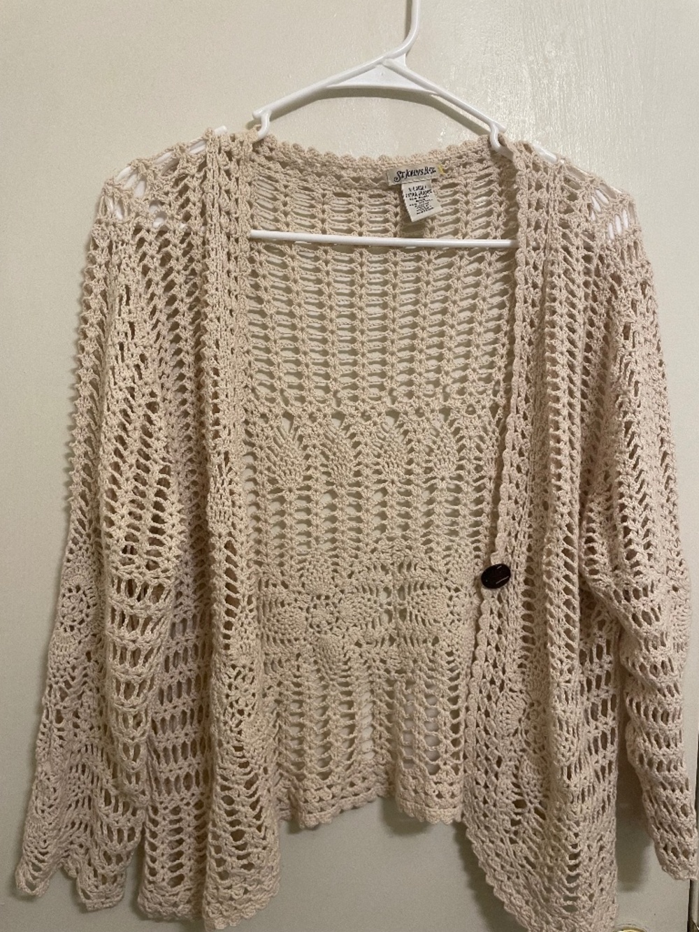Ramie Cotton Beige Crafted Open Sweater with Chunky Button XL Church Town Shrug